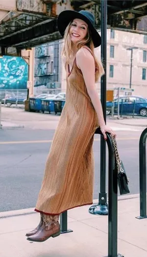 Zara Camel Ribbed Maxi Dress with Burgundy Trim thumbnail 1