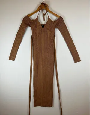 NBD Brown Ribbed Knit Stasia‎ Halter Wrap Midi Dress Small thumbnail 1