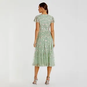 Mac Duggal 35104 Green Multicolor Embroidered V Neck Cap Sleeve Midi Dress thumbnail 5
