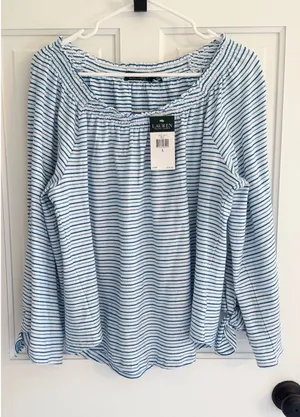 Lauren Ralph Lauren Blue Stripe Off Shoulder Tie Sleeve Top L‎ thumbnail 1