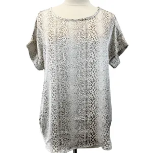 Entro Womens M Satiny Short Sleeve‎ Animal Print Top Shirt Taupe Cream Boho thumbnail 3