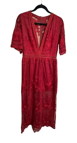 Maroon Dark Red Romper Boho V Neck Lace Maxi Dress Medium thumbnail 1