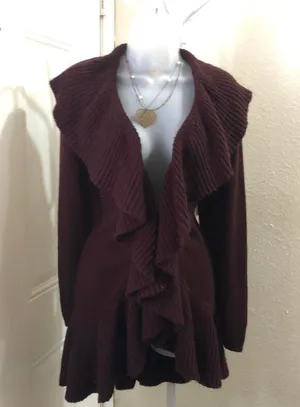 Whimsy gothic grunge cottagecore Burgundy red ruffled cardigan long sleeves ruffle hem hook eye closure-Size L thumbnail 3