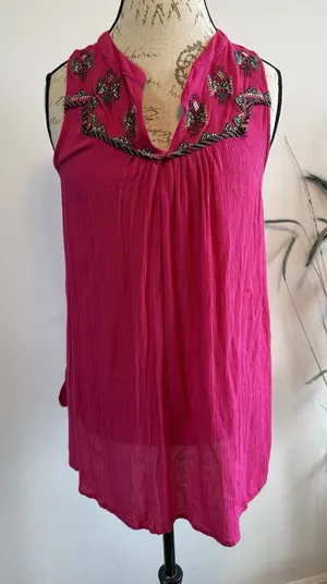 Maeve Anthropologie Pink Embroidered Tunic Tank Top Blouse Size M‎ Geometric thumbnail 1