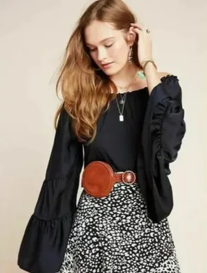 Anthropologie Black Off Shoulder Ruffled Hippie Fairy Peasant Top thumbnail 1