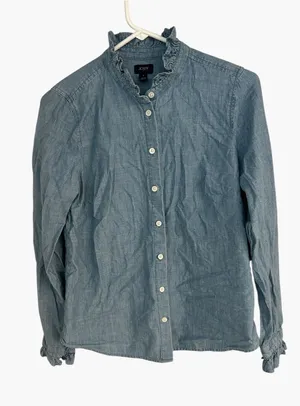 J.Crew Womens Blue Chambray Ruffle Neck Button Down Shirt Long Sleeve Small thumbnail 1