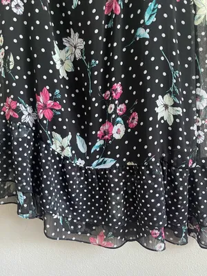 Floral Polka Dot Midi Skirt - Black with Pink & Mint Flowers Size XL thumbnail 6