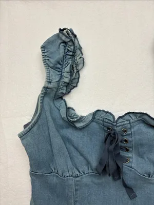 urban outfitters size medium blue Denim Ruffle Strap Dress western cowgirl thumbnail 3
