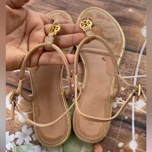 Tory Burch Tan Sandals with Gold Medallion thumbnail 5