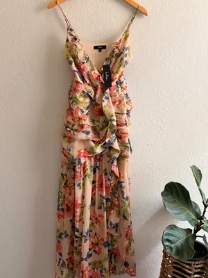 NWT Lulus Stunning Soiree Blush Pink Floral Print Ruched Midi Dress S thumbnail 2