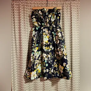 Anthropologie | Floral Ruffled Strapless Blue A-Line Dress, Size M thumbnail 4
