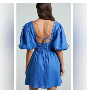 Amalie - linen plunge puff sleeve mini linen dress in blue thumbnail 7
