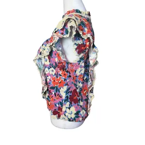 Karlie Floral Ruffle Top Large Multicolor Linen Blend Flutter Sleeve Lace Trim‎ thumbnail 3