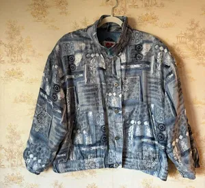 Vintage 80s blue and white abstract boho print Keren Hart 100% silk jacket thumbnail 1