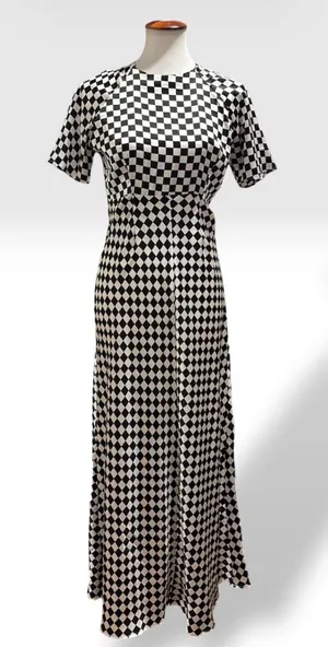 NWT ASOS Black White Checkered Satin Maxi Dress US 6 Mod Geometric thumbnail 1