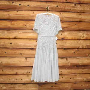 Mac Duggal Light Blue Size 6 Beaded Sequin Rhinestone High Neck MIDI Dress Gown thumbnail 5