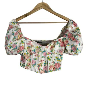 Zara Blouse Womens S White Floral Cropped Puff Sleeve Cottagecore Milkmaid thumbnail 2