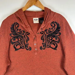 Harley-Davidson Womens 3W Rust Orange Space Dye Hooded Henley Flocked Top 2014 thumbnail 6