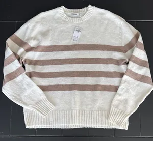 Hollister Ivory and Taupe Striped Crewneck Sweater thumbnail 1