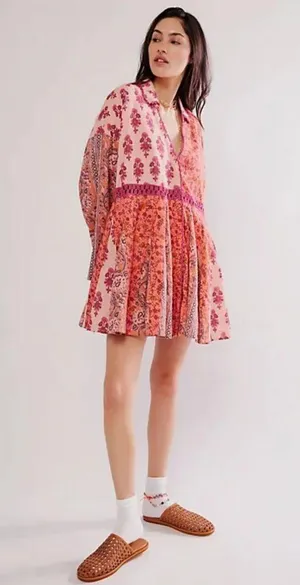 Free People Hazy Baby Mini Dress In Pink Rose Combo Large Nwot thumbnail 1