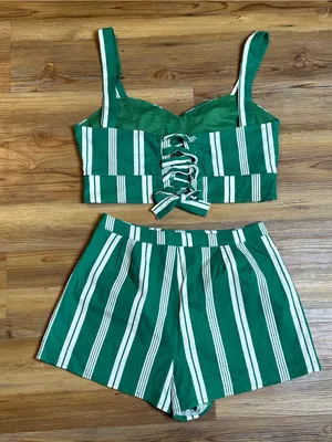 Lovers + Friends Kelly Green Stripe Linen Blend Crop Top & Shorts Set Resort M thumbnail 3