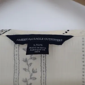 American Eagle Outfitters Boho Top Womens L Beige Striped Bell Sleeve Tie-Front thumbnail 2