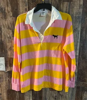 Victoria Secrets Pink Orange long sleeve polo shirt size large thumbnail 1