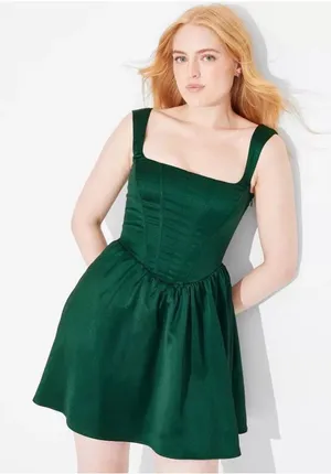 wild fable Dark Green Square-Neck Fit & Flare Mini Dress medium thumbnail 1