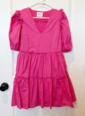 Tuckerneck Hyacinth‎ House Fuchsia Pascale Mini Dress Small Tiered Puff Sleeve thumbnail 1