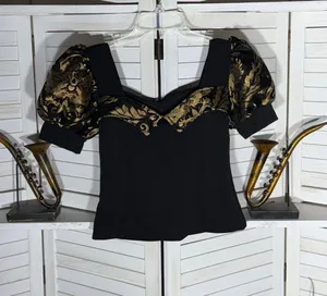 Vintage Y2K black gold brocade top puffed cocktail elegant whimsigoth glam M thumbnail 1