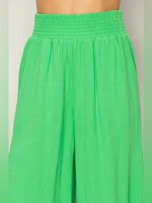 HYFVE Linen Blend Wide Leg Pants High Rise Smocked Waist Kelly Green L thumbnail 3
