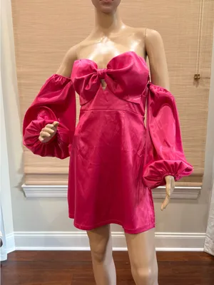 Lily pink satin off shoulder sweetheart bow mini dress. thumbnail 2