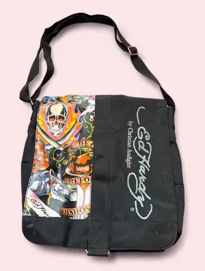 Y2K Ed Hardy Gothic Grunge School Book Laptop Messenger crossbody Bag Purse Tattoo Skull Graphic Dark Academia Preppy Vintage 2000s thumbnail 1