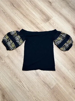 Free‎ People Black Off-Shoulder Crop Top with Gold Embroidered Puff Sleeves thumbnail 3