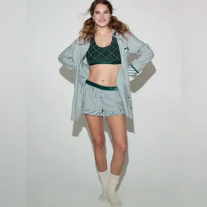 VS PINK Velvet Trim Ruffle Pajama Shorts Deep Forest Green & White Stripes SMALL thumbnail 12