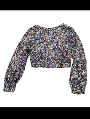 Women Sequin Cropped Top Blouse Size Small Multi Colored Party Christmas Holiday thumbnail 3