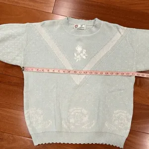 Isle of Cotton Knit Sweater Womens XL Mint Green Floral Embroidered Short Sleeve thumbnail 6