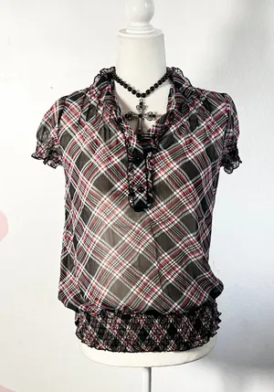 Vtg Y2K 2000s Plaid Top Women's Small Red Sheer Smocked Grunge‎ Goth thumbnail 1