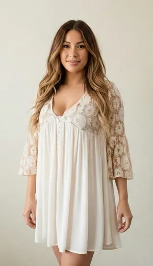 Boho Lace Bell Sleeve Babydoll Mini Dress / Tunic Festival Hippie Cottagecore M thumbnail 1