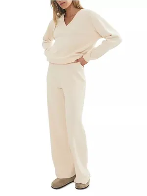 Marine Layer New Women's Top Small Rib Velour Corduroy V Neck Sweatshirt Cream thumbnail 3