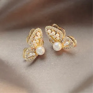 Gold Butterfly Stud Earrings for Women,White Pearl Earrings,Butterfly Earrings thumbnail 3
