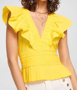Ramy Brook Emilia Yellow Peplum Ruffle Flutter Sleeve Top XS thumbnail 1