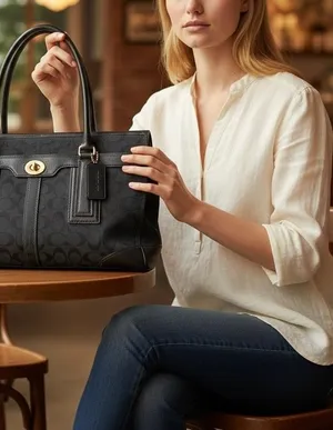 Coach Signature Hampton Black Monogram Canvas Leather Handbag thumbnail 1