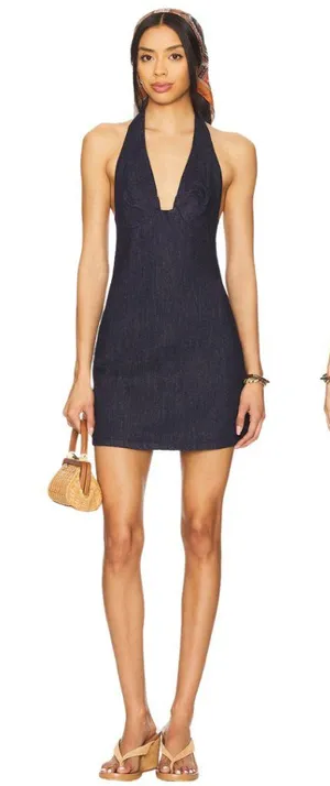 Free People Trevi Denim Mini Dress Women's Large Rinse Halter Backless Festival thumbnail 1
