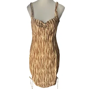 Backyard Roses Ryder Midi Dress Womens Tan‎ Brown Abstract Print Ruched Cinch S thumbnail 3
