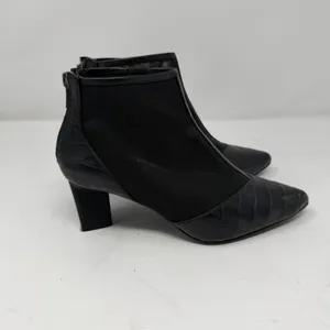 LOGO Croc Embossed Mesh Pointed Toe Block Heel Ankle Boot Black Women Size 6 thumbnail 2