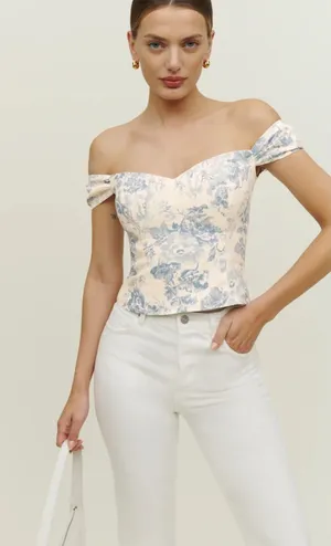 Reformation Eden Off-Shoulder Top in Cream and Blue Floral thumbnail 1