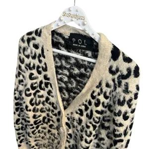 POL Women's Size large Cardigan Leopard Animal Print Eyelash‎ Fuzzy Sweater thumbnail 2