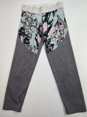 Nike Pro Floral Print Athletic Leggings‎ Grey Mint Workout Compression Pants M thumbnail 1