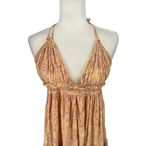 R Vivimos Halter V Neck Mini‎ Ruffle Dress Sz Medium Yellow Floral Boho Festival thumbnail 2